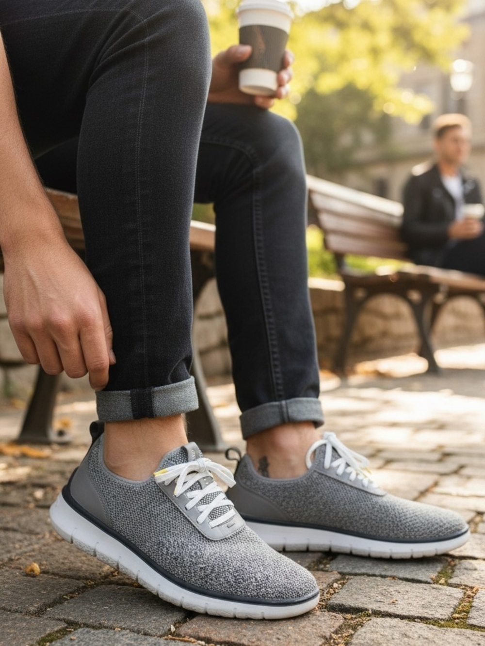 Cole Haan ZERØGRAND Men's Gray/White Knit Lace Up Low Top Athletic Sneakers